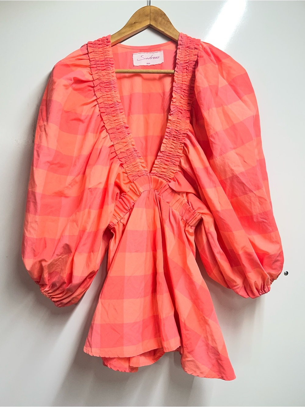 Sundress Alicia Romper in Big Gingham Neon Coral size XS/S - Picture 4 of 8